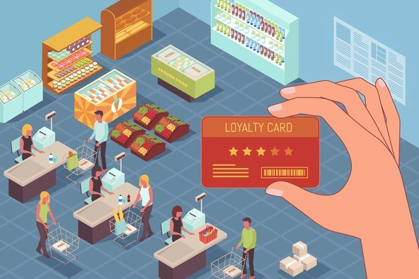 Loyalty program isometric design concept with loyalty card in human hand at trading hall in supermarket background vector illustration