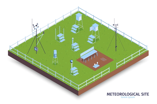 Isometric meteorological center composition with view of fenced green area and weather observing equipment with stairs vector illustration