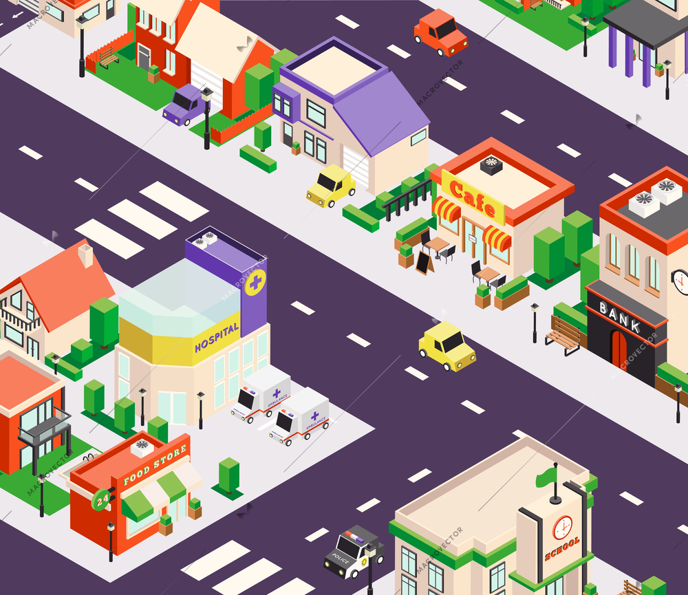 Isometric city buildings composition with bird eye perspective view of town block with shops and cafe vector illustration