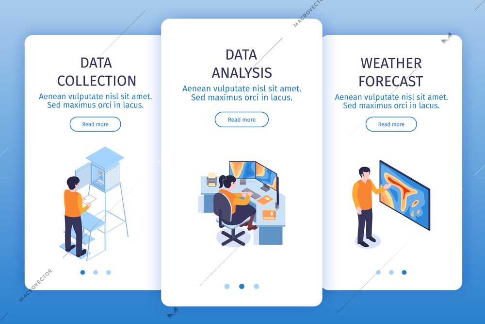 Isometric meteorological center vertical banners set with page switch buttons read more button text and images vector illustration