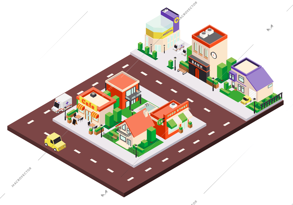 Isometric city buildings composition with colourful municipal and private houses with signs and cars on street vector illustration
