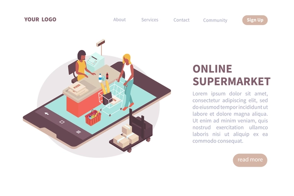 Online supermarket landing page layout with place for text information about services and contacts isometric vector illustration