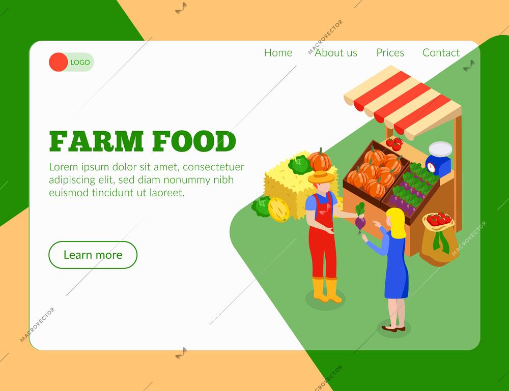 Farm local market isometric landing page with clickable links images of people food products and text vector illustration