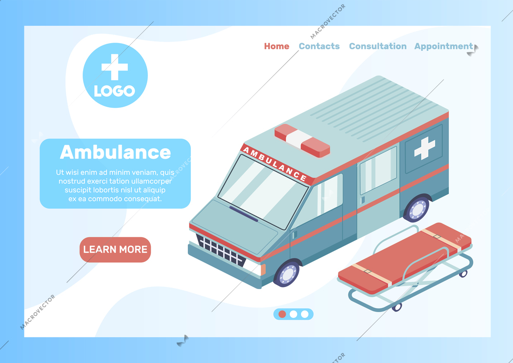 Ambulance isometric page design with special medical equipment vector illustration