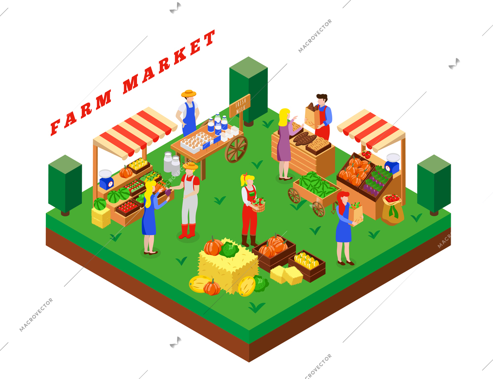 Farm local market isometric composition with text and square platform with people food products and tents vector illustration