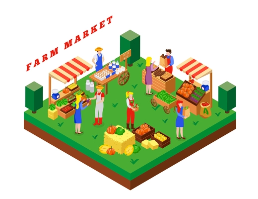 Farm local market isometric composition with text and square platform with people food products and tents vector illustration