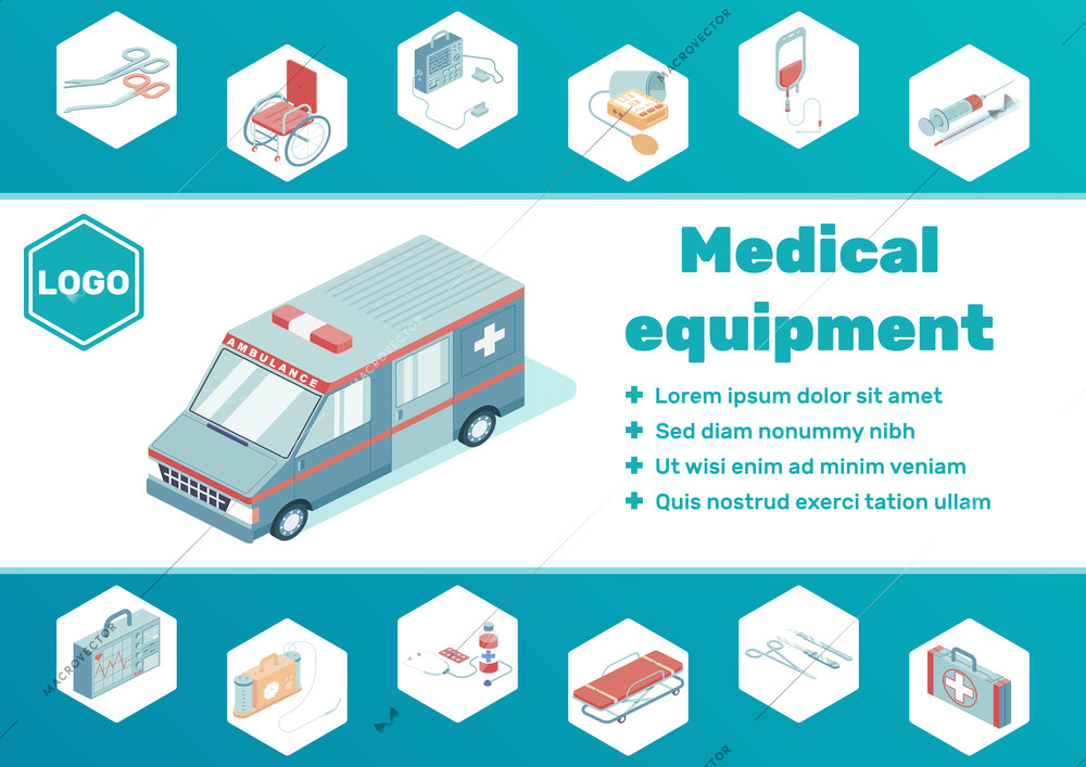 Medical equipment isometric poster with wheelchair ambulance and pills vector illustration