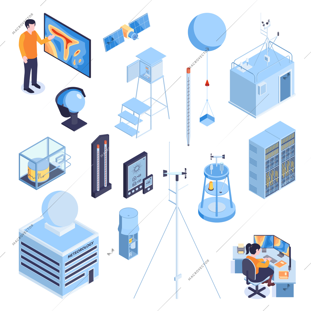 Isometric meteorological weather center forecasters set with icons and images of synoptic equipment on blank background vector illustration