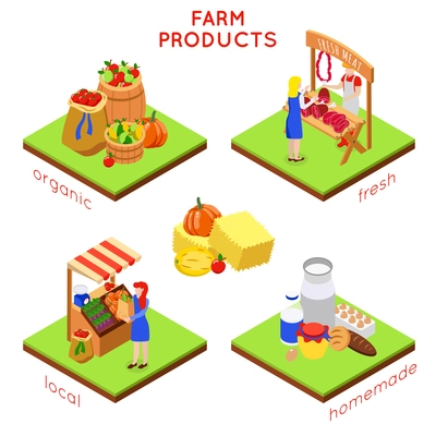 Farm local market isometric 4x1 design concept with compositions of food images human characters and text vector illustration