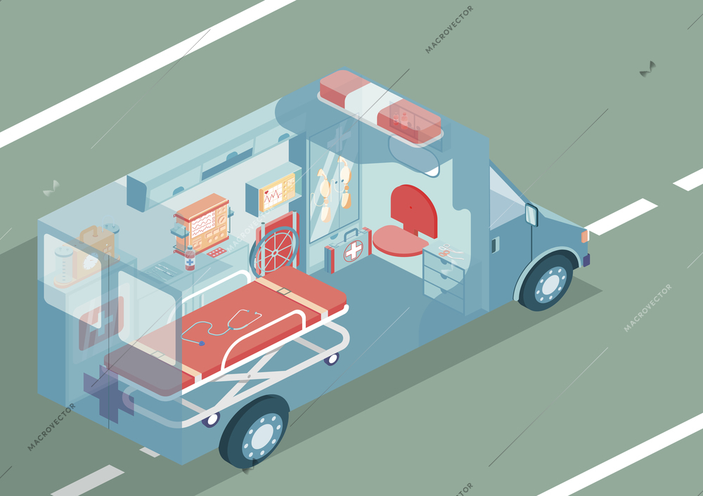 Ambulance automibile isometric background with special medical equipment vector illustration