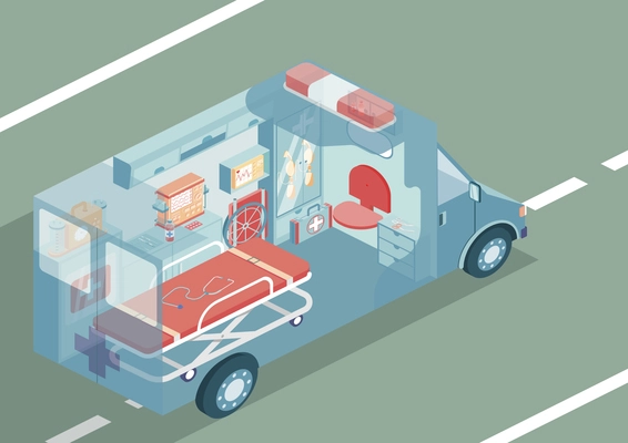 Ambulance automibile isometric background with special medical equipment vector illustration