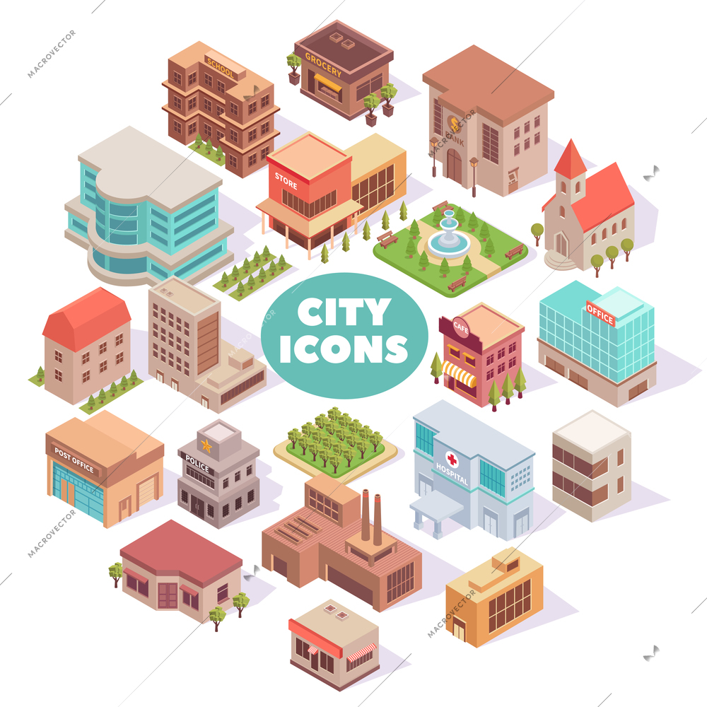 Composition with city isometric colourful images with modern buildings squares and gardens with text and shadows vector illustration