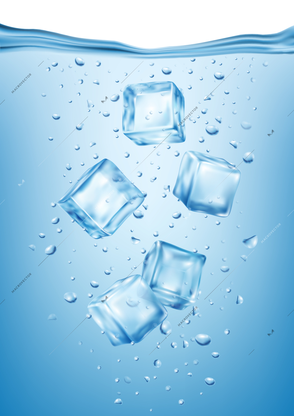 Realistic ice cubes in frozen water composition with underwater view of small fractions of ice vector illustration