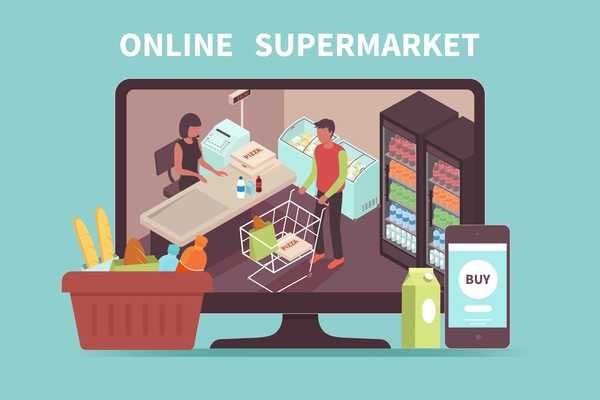 Online shopping design concept with buyer paying for purchases in supermarket on pc screen isometric vector illustration
