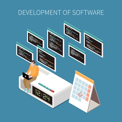 Programming operations concept with settings and service symbols isometric vector illustration