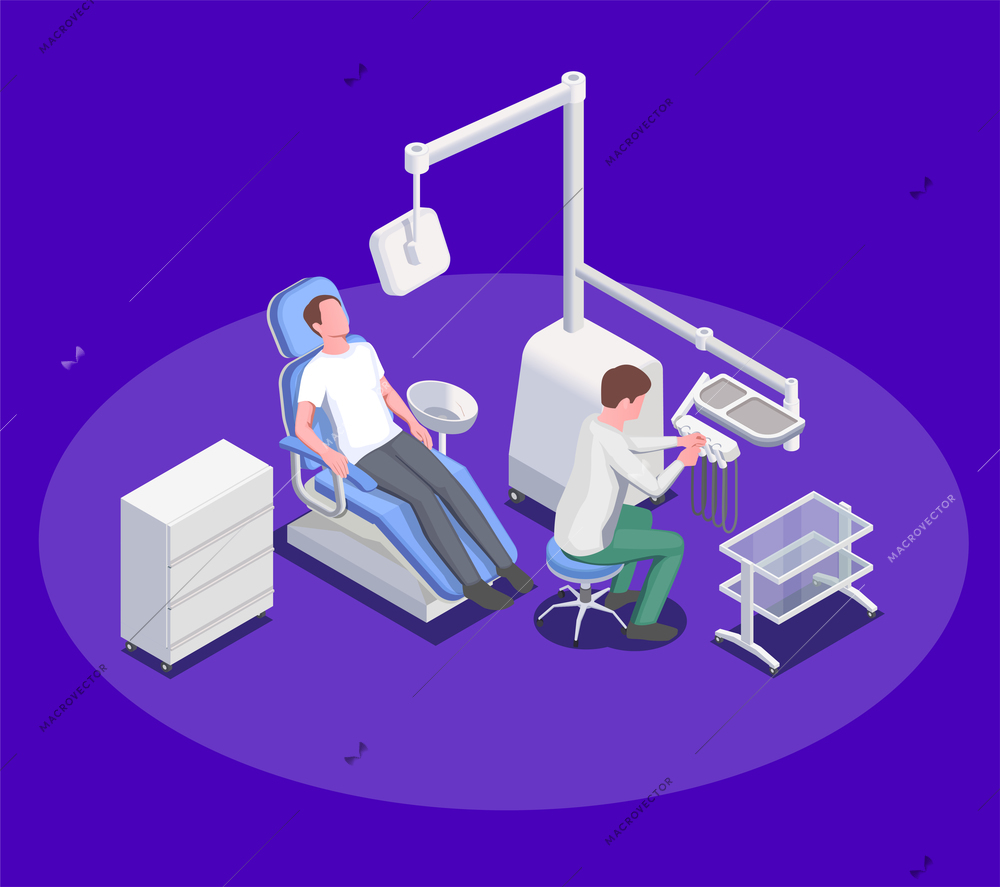 Medical equipment isometric composition with dental operation chair and human characters of patient and dentist surgeon vector illustration