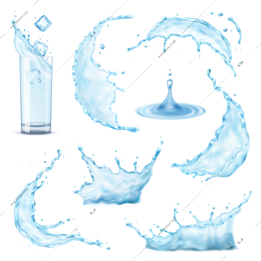 3d realistic water splash set on blank background with isolated images of droplets and fluid flows vector illustration