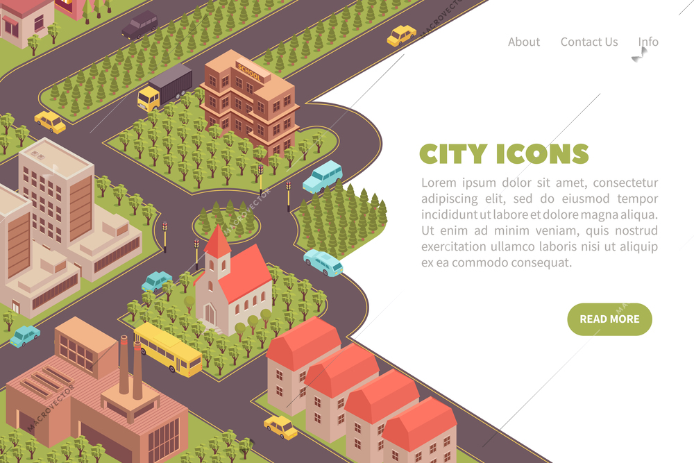 Banner city isometric web site landing page design with read more button editable text and links vector illustration