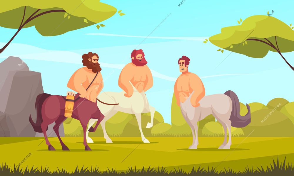 Mythical creatures centaurs three ancient greek half-man half-horse chimeras in meadow flat cartoon vector illustration