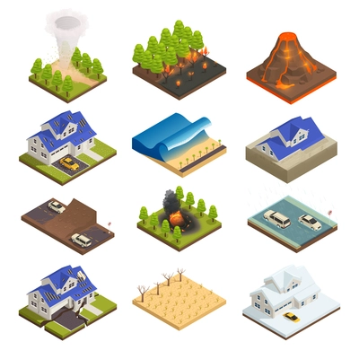 Natural disaster isometric icon set with wildfire tsunami tornado flood drought snow hail and other vector illustration