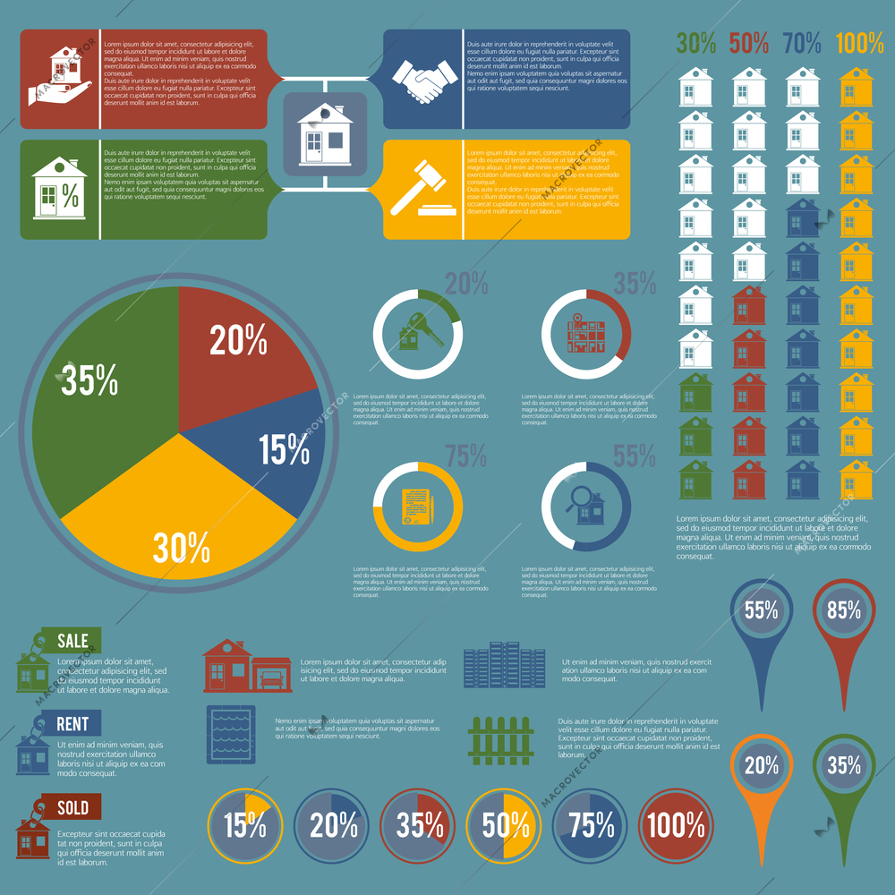 Real estate infographic set of property apartment icons with charts vector illustration