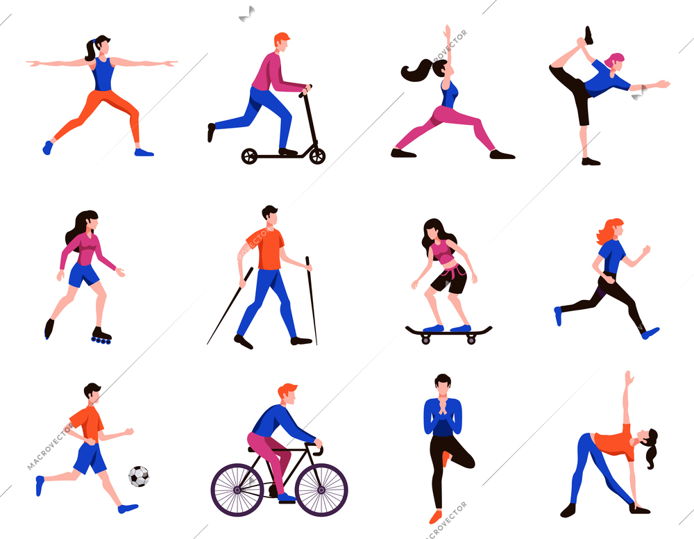 Sport activities flat characters icons set with fitness yoga practice cyclist football player skateboarder isolated vector illustration