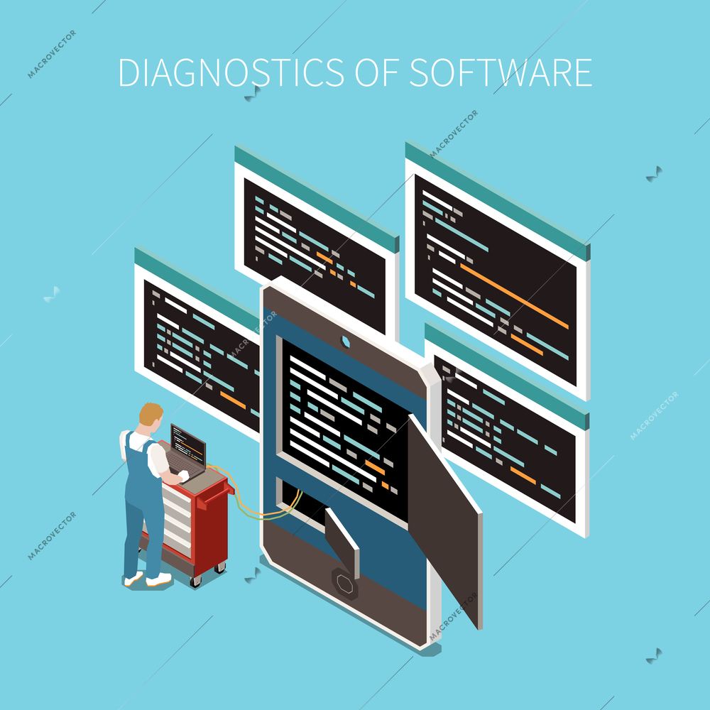 Software diagnostics concept with programming code symbols isometric vector illustration