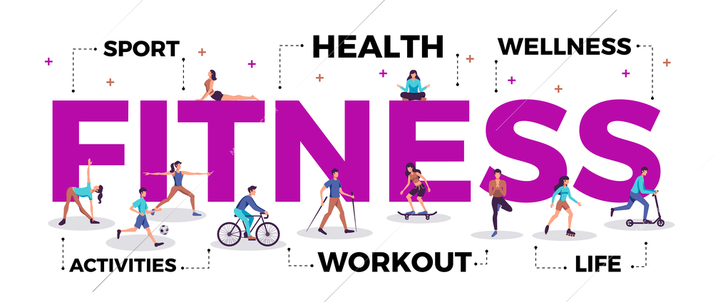 Fitness lettering title header active lifestyle advertising horizontal composition with people practicing workout yoga sport vector illustration