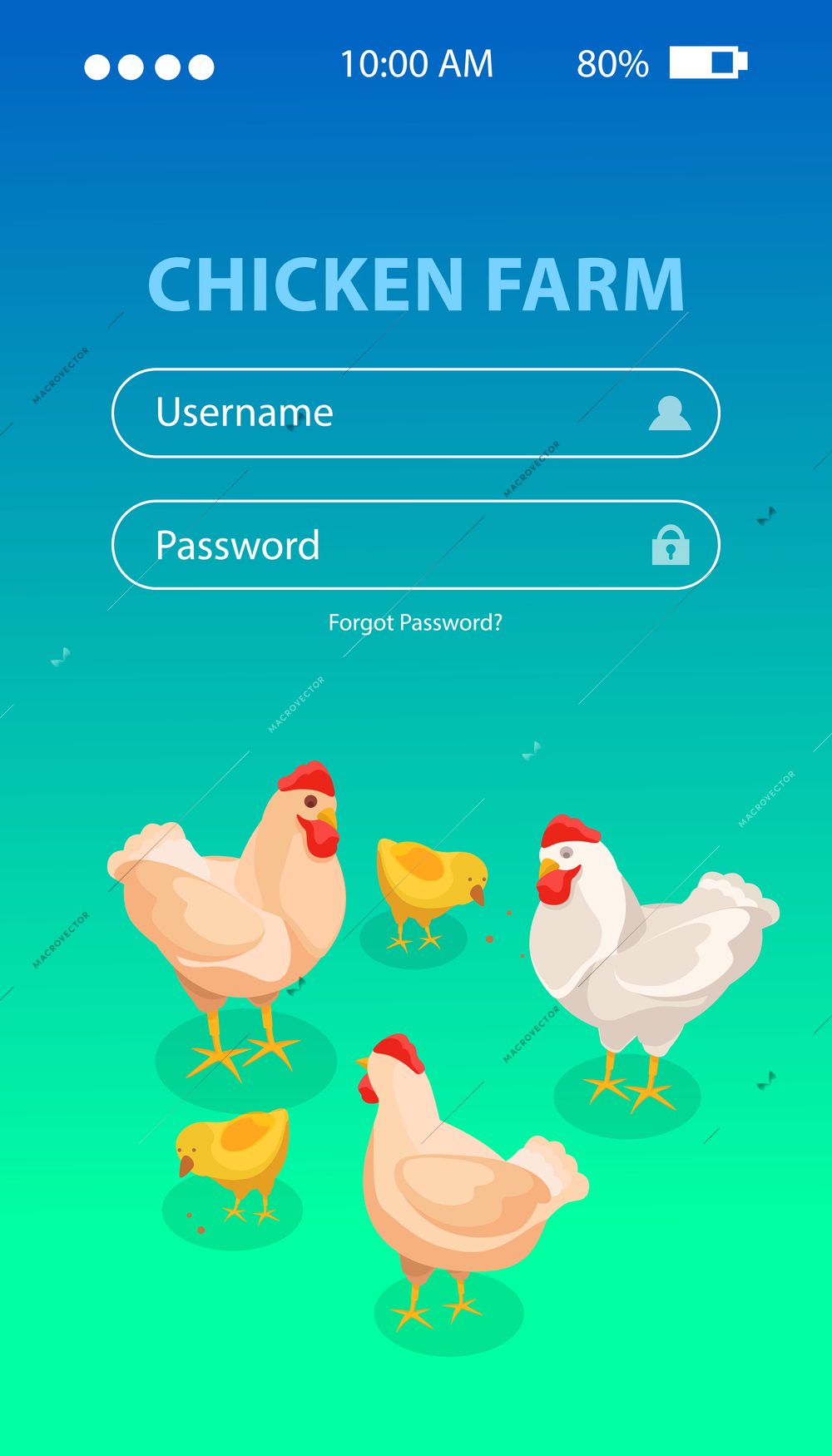 Chicken farm isometric background with vertical smartphone screen login forms and images of hens and chickens vector illustration