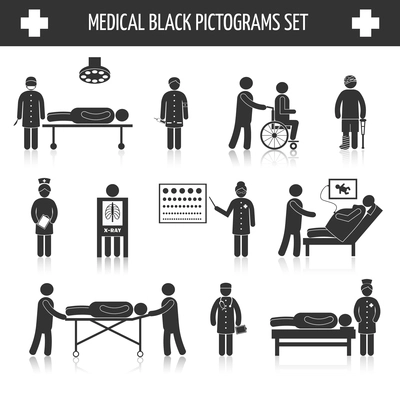 Medical hospital ambulance emergency healthcare tests and services black pictograms set isolated vector illustration