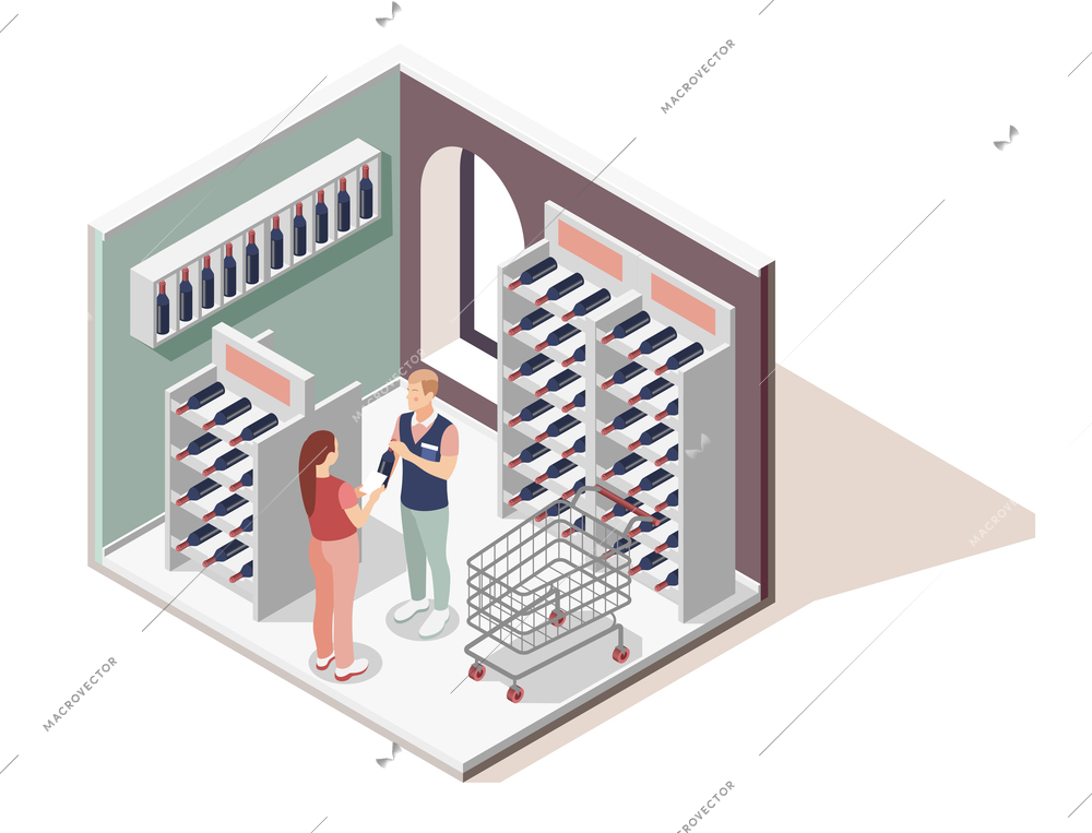 Promoter isometric design concept with shopping assistant helping customer in choice of wines in wine shop vector illustration