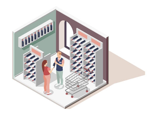Promoter isometric design concept with shopping assistant helping customer in choice of wines in wine shop vector illustration