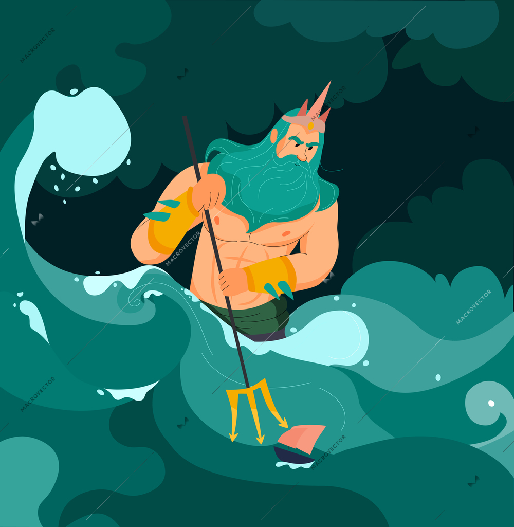 Poseidon greek god of sea with trident cartoon vector illustration