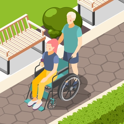 Disabled people outdoor isometric composition with couple in city park man pushing woman in wheelchair vector illustration