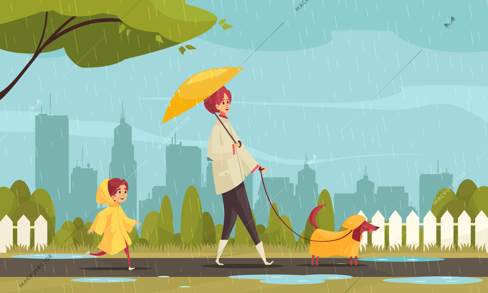 Walking dog in bad weather flat composition with mother child dachshund in raincoats cityscape background vector illustration