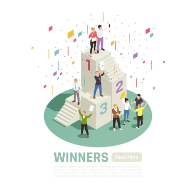 Isolated and isometric winner concept with prize winners stand on a podium vector illustration