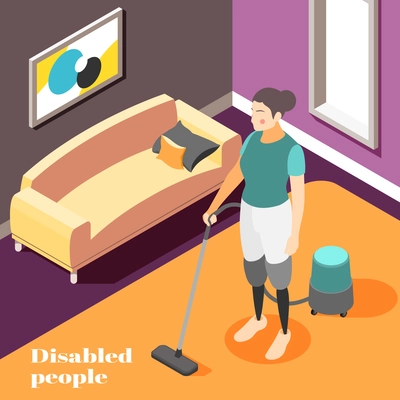 Disabled people household chores isometric composition with woman wearing prosthetic legs vacuum cleaning home background vector illustration