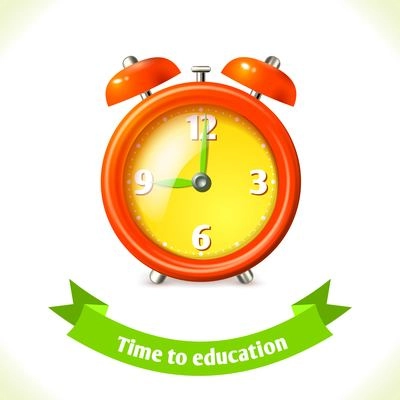 Realistic school education alarm clock icon with ribbon banner isolated on white background vector illustration