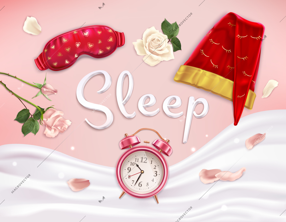 Sleep accessories composition of realistic images with soft linen flowers and alarm clock with editable text vector illustration