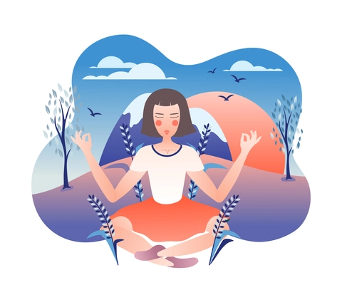 Flower girl meditating outdoor in cross legged yoga pose among blooming plants flat abstract composition vector illustration