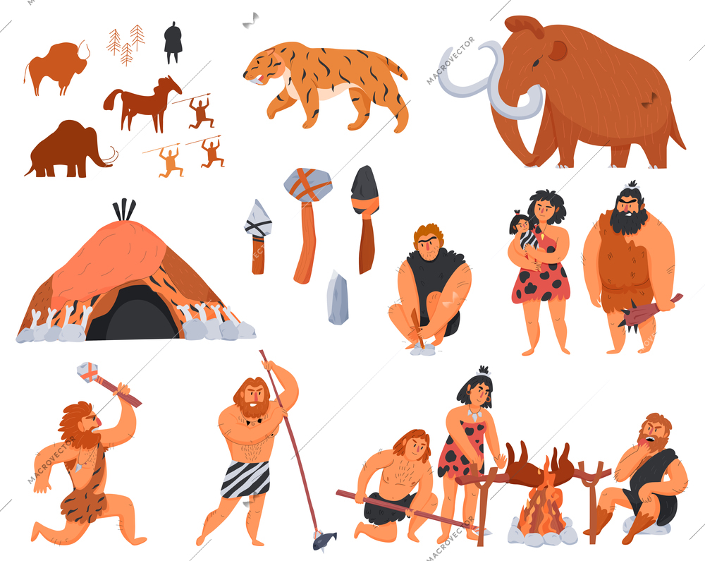 Primitive men their tools and weapons and wild animals cartoon icons set isolated on white background vector illustration