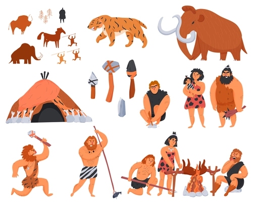 Primitive men their tools and weapons and wild animals cartoon icons set isolated on white background vector illustration