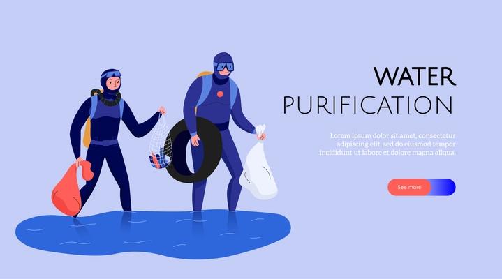 Pollution horizontal banner with people collecting rubbish and cleaning water flat vector illustration