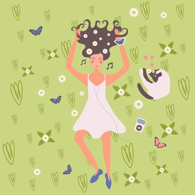 Young girl with earbuds enjoys music and dancing wearing wild flowers in her hair flat vector illustration