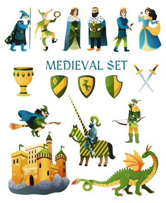 Medieval kingdom fairy tale flat icons set with castle magician king queen jester witch horseman vector illustration