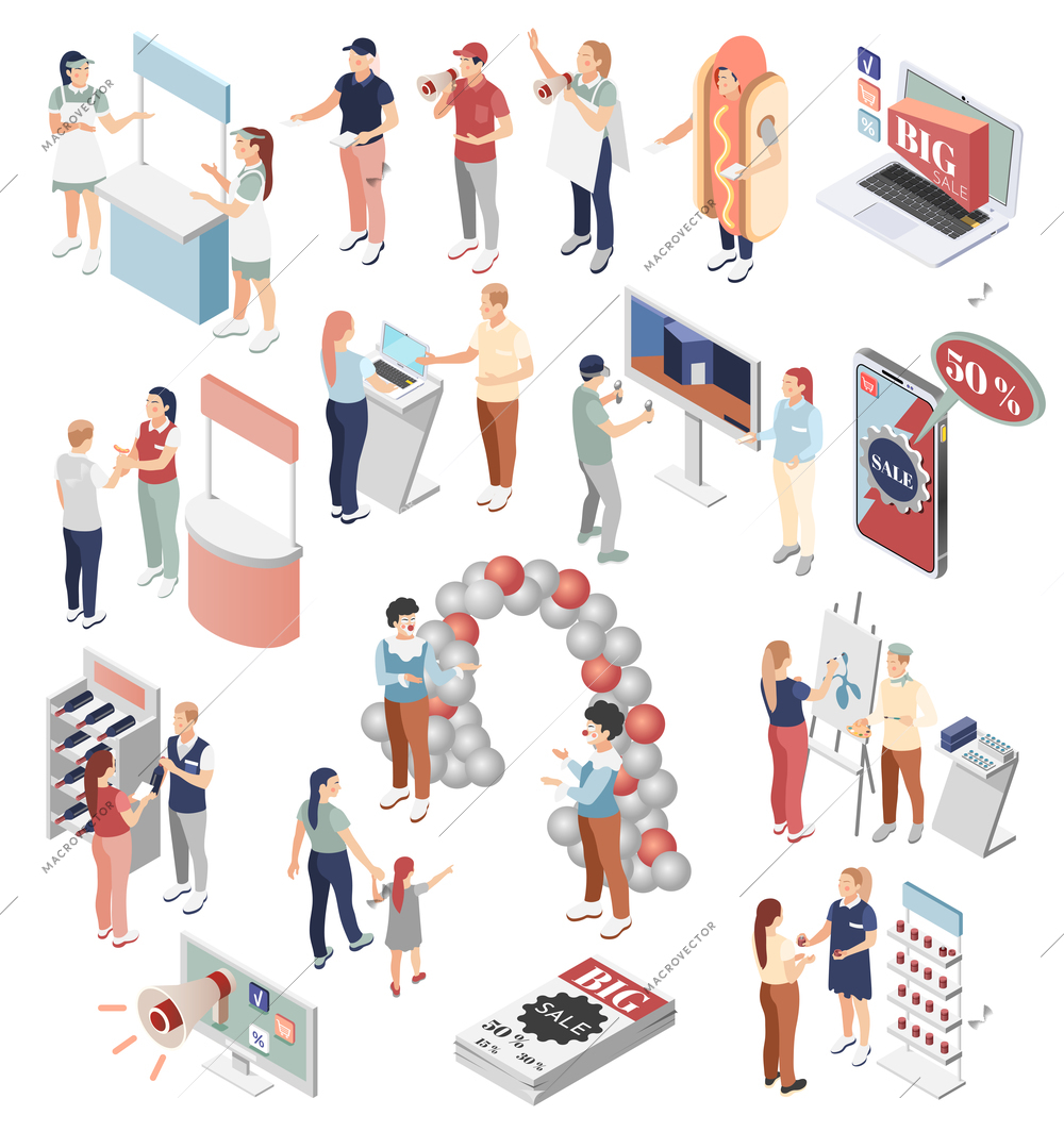 Promoter isometric icons set of people involved in hiring advertising of quality goods and big sale in store and outdoors isolated vector illustration