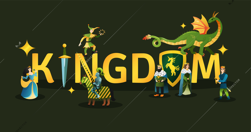 Medieval kingdom golden lettering decorated with king queen dragon fairy tale characters title heading black background vector illustration