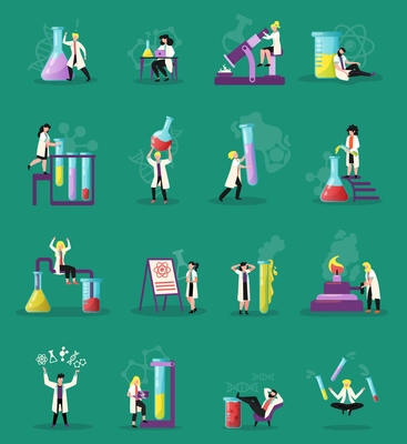 Science lab 16 lab research funny symbols flat icons set with retorts test tubes  microscope vector illustration