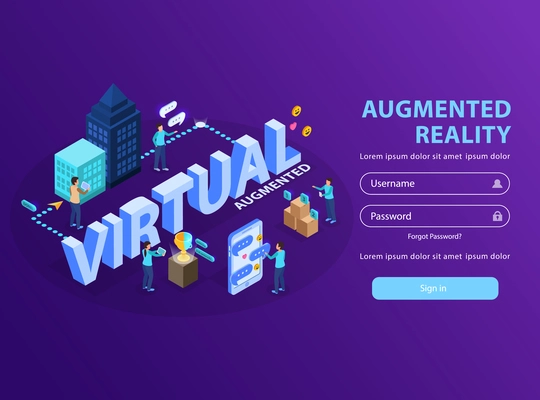 Augmented reality site users visualizing information creating smartphone virtual screens isometric landing page purple background vector illustration