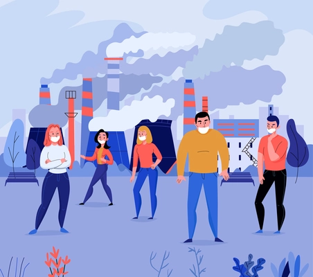 Pollution flat background with group of people wearing face masks near factory polluting air vector illustration